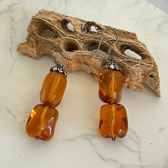 Sterling Silver Amber Glass Bead Dangle Earrings 2 1/4" Drop - Picture 1 of 8
